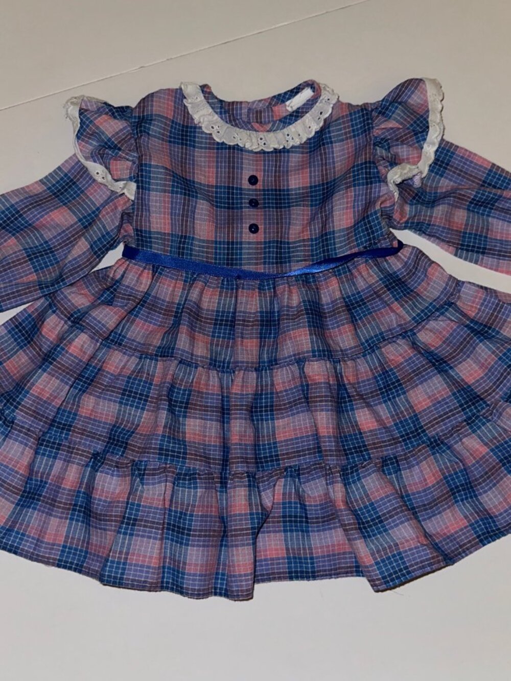 VINTAGE plaid dress PINK & BLUES eyelet lace 2T 24mo